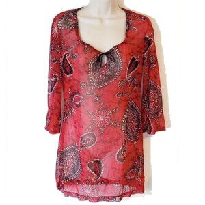 NWOT Mexx Mesh Tie-Front Tunic Top M Red Paisley